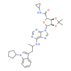 ChemSpider 2D Image | (3aS,4S,6R,6aR)-6-(6-{[1-(1-Cyclopentyl-1H-indol-3-yl)-2-propanyl]amino}-9H-purin-9-yl)-N-cyclopropyl-2,2-dimethyltetrahydrofuro[3,4-d][1,3]dioxole-4-carboxamide | C32H39N7O4