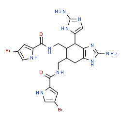 ChemSpider 2D Image | N,N'-{[2-Amino-4-(2-amino-1H-imidazol-5-yl)-4,5,6,7-tetrahydro-1H-benzimidazole-5,6-diyl]bis(methylene)}bis(4-bromo-1H-pyrrole-2-carboxamide) | C22H24Br2N10O2