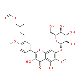 ChemSpider 2D Image | 4-{5-[7-(alpha-D-Glucopyranosyloxy)-3,5-dihydroxy-6-methoxy-4-oxo-4H-chromen-2-yl]-2-methoxyphenyl}-2-methylbutyl acetate | C30H36O14