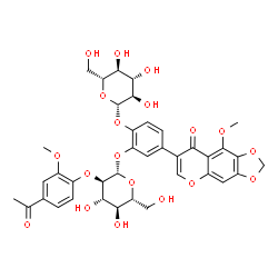 ChemSpider 2D Image | 2-(beta-D-Glucopyranosyloxy)-5-(9-methoxy-8-oxo-8H-[1,3]dioxolo[4,5-g]chromen-7-yl)phenyl 2-O-(4-acetyl-2-methoxyphenyl)-beta-D-glucopyranoside | C38H40O19