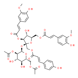 ChemSpider 2D Image | 3,6-Bis-O-[(2E)-3-(4-hydroxy-3-methoxyphenyl)-2-propenoyl]-1-O-[(2E)-3-(4-hydroxyphenyl)-2-propenoyl]-beta-D-fructofuranosyl 2,6-di-O-acetyl-alpha-D-glucopyranoside | C45H48O21