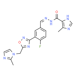 ChemSpider 2D Image | N'-[(Z)-(4-Fluoro-3-{5-[(2-methyl-1H-imidazol-1-yl)methyl]-1,2,4-oxadiazol-3-yl}phenyl)methylene]-4-methyl-1H-imidazole-5-carbohydrazide | C19H17FN8O2