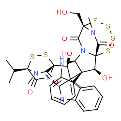ChemSpider 2D Image | (1S,2S,3R,11S,14S)-2-Hydroxy-3-[(1S,2S,3S,11R,14S)-2-hydroxy-14-isopropyl-18-methyl-13,17-dioxo-15,16-dithia-10,12,18-triazapentacyclo[12.2.2.0~1,12~.0~3,11~.0~4,9~]octadeca-4,6,8-trien-3-yl]-14-(hydr
oxymethyl)-20-methyl-15,16,17,18-tetrathia-10,12,20-triazapentacyclo[12.4.2.0~1,12~.0~3,11~.0~4,9~]icosa-4,6,8-triene-13,19-dione | C32H32N6O7S6