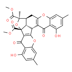 ChemSpider 2D Image | Dimethyl (5bR,7R,7aS,7bR,14bR)-4,13-dihydroxy-2,7,11-trimethyl-5,14-dioxo-7,7a,7b,8,14,14b-hexahydro-6,9,15-trioxanaphtho[2',3':2,3]pentaleno[1,6-ab]anthracene-5b,7(5H)-dicarboxylate | C31H26O11