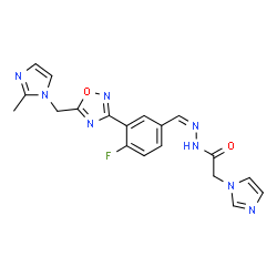 ChemSpider 2D Image | N'-[(Z)-(4-Fluoro-3-{5-[(2-methyl-1H-imidazol-1-yl)methyl]-1,2,4-oxadiazol-3-yl}phenyl)methylene]-2-(1H-imidazol-1-yl)acetohydrazide | C19H17FN8O2