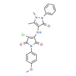 ChemSpider 2D Image | 3-Chloro-4-[(1,5-dimethyl-3-oxo-2-phenyl-2,3-dihydro-1H-pyrazol-4-yl)amino]-1-(4-methoxyphenyl)-1H-pyrrole-2,5-dione | C22H19ClN4O4