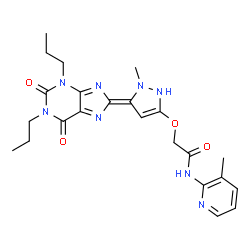 ChemSpider 2D Image | 2-{[(5Z)-5-(2,6-Dioxo-1,3-dipropyl-1,2,3,6-tetrahydro-8H-purin-8-ylidene)-1-methyl-2,5-dihydro-1H-pyrazol-3-yl]oxy}-N-(3-methyl-2-pyridinyl)acetamide | C23H28N8O4