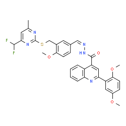 ChemSpider 2D Image | N'-{(Z)-[3-({[4-(Difluoromethyl)-6-methyl-2-pyrimidinyl]sulfanyl}methyl)-4-methoxyphenyl]methylene}-2-(2,5-dimethoxyphenyl)-4-quinolinecarbohydrazide | C33H29F2N5O4S