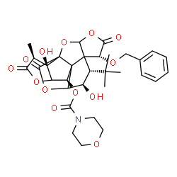 ChemSpider 2D Image | (6R,8S,9R,12R,16S,17R)-6-(Benzyloxy)-9,17-dihydroxy-16-methyl-8-(2-methyl-2-propanyl)-5,15,18-trioxo-2,4,14,19-tetraoxahexacyclo[8.7.2.0~1,11~.0~3,7~.0~7,11~.0~13,17~]nonadec-12-yl 4-morpholinecarboxy
late | C32H37NO13