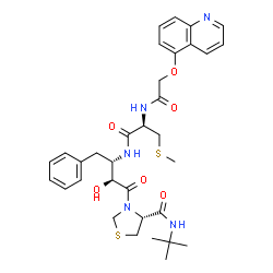 ChemSpider 2D Image | (4R)-3-[(2S,3S)-2-Hydroxy-3-({S-methyl-N-[(5-quinolinyloxy)acetyl]-L-cysteinyl}amino)-4-phenylbutanoyl]-N-(2-methyl-2-propanyl)-1,3-thiazolidine-4-carboxamide | C33H41N5O6S2