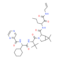 ChemSpider 2D Image | N-[1-(Allylamino)-1,2-dioxo-3-hexanyl]-3-(N-{cyclohexyl[(2-pyrazinylcarbonyl)amino]acetyl}-3-methylvalyl)-6,6-dimethyl-3-azabicyclo[3.1.0]hexane-2-carboxamide | C36H53N7O6