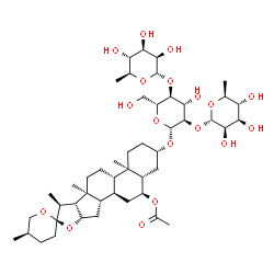 ChemSpider 2D Image | (3beta,5alpha,6alpha,25R)-3-{[6-Deoxy-alpha-L-mannopyranosyl-(1->2)-[6-deoxy-alpha-L-mannopyranosyl-(1->4)]-beta-D-glucopyranosyl]oxy}spirostan-6-yl acetate | C47H76O18