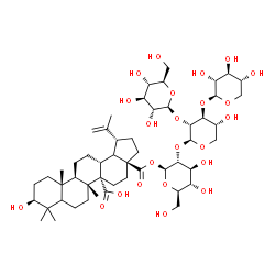 ChemSpider 2D Image | beta-D-Glucopyranosyl-(1->2)-[beta-D-xylopyranosyl-(1->3)]-beta-D-xylopyranosyl-(1->2)-1-O-[(3beta,5xi,18xi)-3,27-dihydroxy-27,28-dioxolup-20(29)-en-28-yl]-beta-D-glucopyranose | C52H82O23