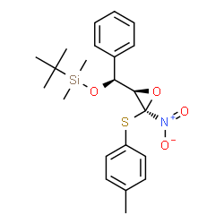 ChemSpider 2D Image | Dimethyl[(S)-{(2R,3R)-3-[(4-methylphenyl)sulfanyl]-3-nitro-2-oxiranyl}(phenyl)methoxy](2-methyl-2-propanyl)silane | C22H29NO4SSi
