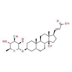 ChemSpider 2D Image | (2E)-3-[(3S,5R,8R,9S,10S,13R,14S,17R)-14-Hydroxy-10,13-dimethyl-3-{[(2R,3R,4R,5R,6S)-3,4,5-trihydroxy-6-methyltetrahydro-2H-pyran-2-yl]oxy}hexadecahydro-1H-cyclopenta[a]phenanthren-17-yl]acrylic acid 
(non-preferred name) | C28H44O8