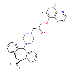 ChemSpider 2D Image | (2R)-1-{4-[(1aR,10bS)-1,1-Difluoro-1,1a,6,10b-tetrahydrodibenzo[a,e]cyclopropa[c][7]annulen-6-yl]-1-piperazinyl}-3-[(6,8-~2~H_2_)-5-quinolinyloxy]-2-propanol | C32H29D2F2N3O2