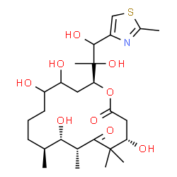 ChemSpider 2D Image | (4S,7R,8S,9S,16S)-16-[(2S)-1,2-Dihydroxy-1-(2-methyl-1,3-thiazol-4-yl)-2-propanyl]-4,8,13,14-tetrahydroxy-5,5,7,9-tetramethyloxacyclohexadecane-2,6-dione | C26H43NO9S