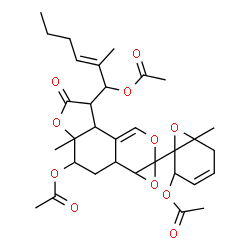 ChemSpider 2D Image | 1-{3-Acetoxy-6-[(2E)-1-acetoxy-2-methyl-2-hexen-1-yl]-3a-methyl-5-oxo-1a,1b,2,3,3a,5,6,6a-octahydro-8aH-furo[2,3-h]oxireno[c]isochromen-8a-yl}-6-methyl-7-oxabicyclo[4.1.0]hept-3-en-2-yl acetate | C32H40O11