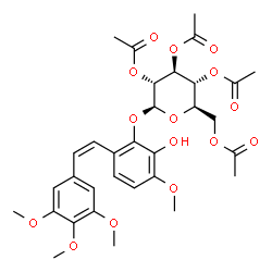 ChemSpider 2D Image | 2-Hydroxy-3-methoxy-6-[(Z)-2-(3,4,5-trimethoxyphenyl)vinyl]phenyl 2,3,4,6-tetra-O-acetyl-beta-D-glucopyranoside | C32H38O15