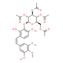 ChemSpider 2D Image | 2-Hydroxy-6-methoxy-3-[(Z)-2-(3,4,5-trimethoxyphenyl)vinyl]phenyl 2,3,4,6-tetra-O-acetyl-beta-D-glucopyranoside | C32H38O15