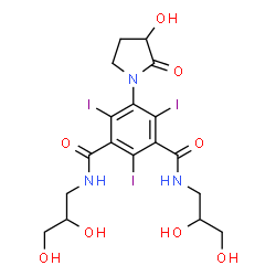 ChemSpider 2D Image | N,N'-Bis(2,3-dihydroxypropyl)-5-(3-hydroxy-2-oxo-1-pyrrolidinyl)-2,4,6-triiodoisophthalamide | C18H22I3N3O8