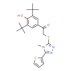 ChemSpider 2D Image | 1-(3,5-Di-tert-butyl-4-hydroxyphenyl)-2-{[4-methyl-5-(2-thienyl)-4H-1,2,4-triazol-3-yl]sulfanyl}ethanone | C23H29N3O2S2