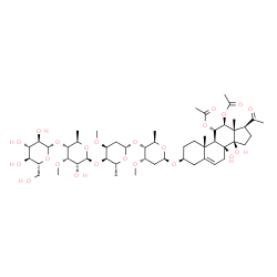 ChemSpider 2D Image | (3beta,11alpha,12beta,14beta)-3-{[beta-D-Glucopyranosyl-(1->4)-6-deoxy-3-O-methyl-beta-D-allopyranosyl-(1->4)-2,6-dideoxy-3-O-methyl-beta-D-ribo-hexopyranosyl-(1->4)-2,6-dideoxy-3-O-methyl-beta-D-ribo
-hexopyranosyl]oxy}-8,14-dihydroxy-20-oxopregn-5-ene-11,12-diyl diacetate | C52H82O23