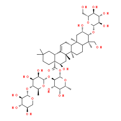 ChemSpider 2D Image | beta-D-Xylopyranosyl-(1->4)-6-deoxy-alpha-L-mannopyranosyl-(1->2)-6-deoxy-1-O-[(2beta,3beta,5xi,16alpha,18alpha)-3-(beta-D-glucopyranosyloxy)-2,16,23-trihydroxy-28-oxoolean-12-en-28-yl]-beta-D-galacto
pyranose | C53H86O23