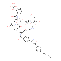 ChemSpider 2D Image | 5-[(1S,2S)-2-{(2R,6S,9S,11R,12R,15S,16S,20S,23S,25aS)-20-[(1R)-3-Amino-1-hydroxy-3-oxopropyl]-2,11,12,15-tetrahydroxy-6-[(1R)-1-hydroxyethyl]-16-methyl-5,8,14,19,22,25-hexaoxo-9-[(4-{5-[4-(pentyloxy)p
henyl]-1,2-oxazol-3-yl}benzoyl)amino]tetracosahydro-1H-dipyrrolo[2,1-c:2',1'-l][1,4,7,10,13,16]hexaazacyclohenicosin-23-yl}-1,2-dihydroxyethyl]-2-hydroxyphenyl hydrogen sulfate | C56H71N9O23S