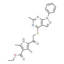 ChemSpider 2D Image | Ethyl 2,4-dimethyl-5-{[(6-methyl-1-phenyl-1H-pyrazolo[3,4-d]pyrimidin-4-yl)sulfanyl]acetyl}-1H-pyrrole-3-carboxylate | C23H23N5O3S