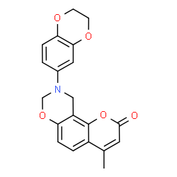 ChemSpider 2D Image | 9-(2,3-Dihydro-1,4-benzodioxin-6-yl)-4-methyl-9,10-dihydro-2H,8H-chromeno[8,7-e][1,3]oxazin-2-one | C20H17NO5