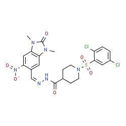 ChemSpider 2D Image | 1-[(2,5-Dichlorophenyl)sulfonyl]-N'-[(Z)-(1,3-dimethyl-6-nitro-2-oxo-2,3-dihydro-1H-benzimidazol-5-yl)methylene]-4-piperidinecarbohydrazide | C22H22Cl2N6O6S