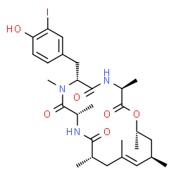 ChemSpider 2D Image | (3S,6R,9S,12S,14E,16R,18S)-6-(4-Hydroxy-3-iodobenzyl)-3,7,9,12,14,16,18-heptamethyl-1-oxa-4,7,10-triazacyclooctadec-14-ene-2,5,8,11-tetrone | C28H40IN3O6