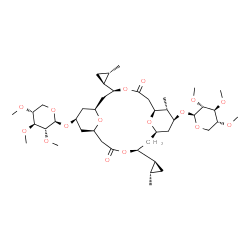 ChemSpider 2D Image | (1S,3S,7R,9S,11S,13S,17S,18S,19S)-18-Methyl-3,13-bis[(1S,2S)-2-methylcyclopropyl]-5,15-dioxo-19-[(2,3,4-tri-O-methyl-beta-D-xylopyranosyl)oxy]-4,14,21,22-tetraoxatricyclo[15.3.1.1~7,11~]docos-9-yl 2,3
,4-tri-O-methyl-beta-D-xylopyranoside | C43H70O16