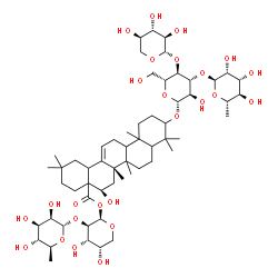 ChemSpider 2D Image | 2-O-(6-Deoxy-alpha-L-mannopyranosyl)-1-O-[(5xi,8xi,9xi,10xi,16alpha,17xi,18xi)-3-{[6-deoxy-alpha-L-mannopyranosyl-(1->3)-[beta-D-xylopyranosyl-(1->4)]-beta-D-glucopyranosyl]oxy}-16-hydroxy-28-oxoolean
-12-en-28-yl]-beta-L-arabinopyranose | C58H94O25