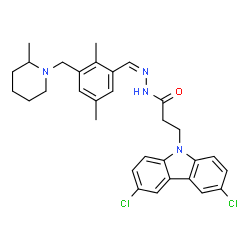ChemSpider 2D Image | 3-(3,6-Dichloro-9H-carbazol-9-yl)-N'-[(Z)-{2,5-dimethyl-3-[(2-methyl-1-piperidinyl)methyl]phenyl}methylene]propanehydrazide | C31H34Cl2N4O