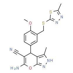 ChemSpider 2D Image | 6-Amino-4-(4-methoxy-3-{[(5-methyl-1,3,4-thiadiazol-2-yl)sulfanyl]methyl}phenyl)-3-methyl-2,4-dihydropyrano[2,3-c]pyrazole-5-carbonitrile | C19H18N6O2S2