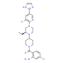 ChemSpider 2D Image | (2-Amino-4-chlorophenyl)(4-{(2S)-4-[3-chloro-5-(1H-imidazol-2-yl)-2-pyridinyl]-2-ethyl-1-piperazinyl}-1-piperidinyl)methanone | C26H31Cl2N7O