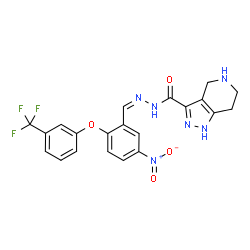 ChemSpider 2D Image | N'-[(Z)-{5-Nitro-2-[3-(trifluoromethyl)phenoxy]phenyl}methylene]-4,5,6,7-tetrahydro-1H-pyrazolo[4,3-c]pyridine-3-carbohydrazide | C21H17F3N6O4