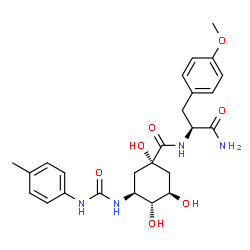 ChemSpider 2D Image | O-Methyl-Nalpha-{[(1S,3R,4R,5S)-1,3,4-trihydroxy-5-{[(4-methylphenyl)carbamoyl]amino}cyclohexyl]carbonyl}-L-tyrosinamide | C25H32N4O7