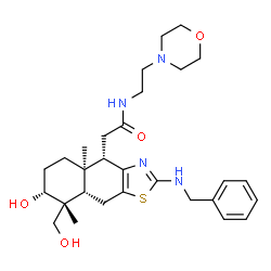 ChemSpider 2D Image | 2-[(4S,4aR,7R,8R,8aS)-2-(Benzylamino)-7-hydroxy-8-(hydroxymethyl)-4a,8-dimethyl-4,4a,5,6,7,8,8a,9-octahydronaphtho[2,3-d][1,3]thiazol-4-yl]-N-[2-(4-morpholinyl)ethyl]acetamide | C29H42N4O4S