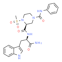 ChemSpider 2D Image | (3S)-N~3~-[(2R)-1-Amino-3-(1H-indol-3-yl)-1-oxo-2-propanyl]-4-(methylsulfonyl)-N~1~-phenyl-1,3-piperazinedicarboxamide | C24H28N6O5S