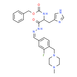 ChemSpider 2D Image | Benzyl {1-[(2Z)-2-{3-fluoro-4-[(4-methyl-1-piperazinyl)methyl]benzylidene}hydrazino]-3-(1H-imidazol-4-yl)-1-oxo-2-propanyl}carbamate (non-preferred name) | C27H32FN7O3