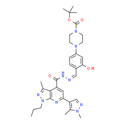 ChemSpider 2D Image | 2-Methyl-2-propanyl 4-{4-[(Z)-({[6-(1,5-dimethyl-1H-pyrazol-4-yl)-3-methyl-1-propyl-1H-pyrazolo[3,4-b]pyridin-4-yl]carbonyl}hydrazono)methyl]-3-hydroxyphenyl}-1-piperazinecarboxylate | C32H41N9O4