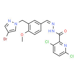 ChemSpider 2D Image | N'-[(Z)-{3-[(4-Bromo-1H-pyrazol-1-yl)methyl]-4-methoxyphenyl}methylene]-3,6-dichloro-2-pyridinecarbohydrazide | C18H14BrCl2N5O2
