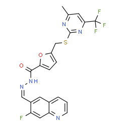 ChemSpider 2D Image | N'-[(Z)-(7-Fluoro-6-quinolinyl)methylene]-5-({[4-methyl-6-(trifluoromethyl)-2-pyrimidinyl]sulfanyl}methyl)-2-furohydrazide | C22H15F4N5O2S