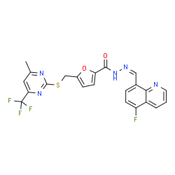 ChemSpider 2D Image | N'-[(Z)-(5-Fluoro-8-quinolinyl)methylene]-5-({[4-methyl-6-(trifluoromethyl)-2-pyrimidinyl]sulfanyl}methyl)-2-furohydrazide | C22H15F4N5O2S