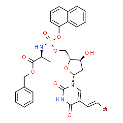 ChemSpider 2D Image | Benzyl (2S)-2-{[{[(2R,3S,5R)-5-{5-[(E)-2-bromovinyl]-2,4-dioxo-3,4-dihydro-1(2H)-pyrimidinyl}-3-hydroxytetrahydro-2-furanyl]methoxy}(1-naphthyloxy)phosphoryl]amino}propanoate | C31H31BrN3O9P