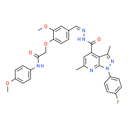 ChemSpider 2D Image | 2-{4-[(Z)-({[1-(4-Fluorophenyl)-3,6-dimethyl-1H-pyrazolo[3,4-b]pyridin-4-yl]carbonyl}hydrazono)methyl]-2-methoxyphenoxy}-N-(4-methoxyphenyl)acetamide | C32H29FN6O5