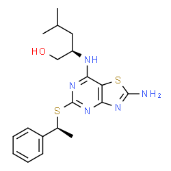 ChemSpider 2D Image | (2R)-2-[(2-Amino-5-{[(1S)-1-phenylethyl]sulfanyl}[1,3]thiazolo[4,5-d]pyrimidin-7-yl)amino]-4-methyl-1-pentanol | C19H25N5OS2